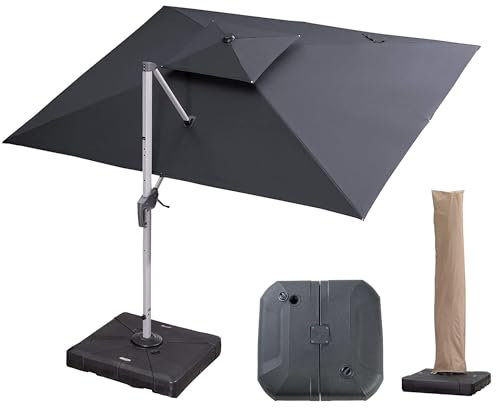 PURPLE LEAF Parasol Déporté 3 x 3,65 m Rectangulaire avec Pied, Parasol de Jardin Extérieur à Toit Double Rotatif 360°, Convient au Patio, Piscines, Cafés et Restaurants, Gris acier