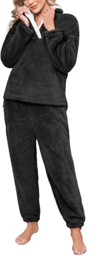 Niwicee Womens Pyjamas Warm Fleece Pyjamas Set Winter Soft Ladies 2 Piece Nightwear Loungewear Set Longsleeve Top and Thermal Bottoms Pjs Sleepwear with Pocket S-XXL