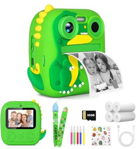 OKYUK Omedelbar kamera HD 1080P 4 rullar 32G SD-kort skrivarpapper dubbel lins 2,4 tum digital selfie-kamera