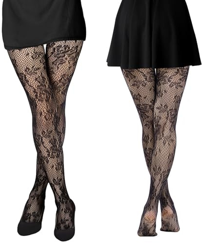 HZHSGLY Lot de 2 collants noirs en dentelle pour femme, taille haute, motif floral, bas résille pour divers scénarios, Dentelle., One Size