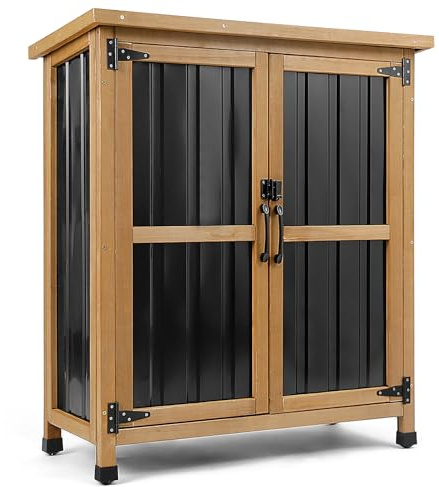 PetsCosset Weatherproof Outdoor Storage Cabinet with Lockable Doors, Wood & Metal Garden Storage Shed Patio Storage Box for Tools & Lawn Equipment, Pool Accessories