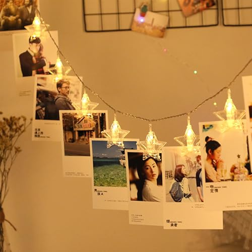 ENLACE LED-fotoclip ljuskedja, 3 m, 20 LED, stjärnform, ljuskedja med klämmor, batteridriven, varma vita fotoklämmor, ljuskedjor för bilder, upphängning, rum, bröllop, jul, festdekoration
