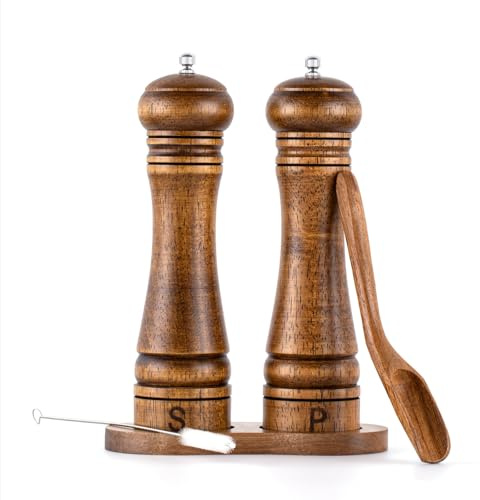 Volnamal Oak Wooden Salt and Pepper Mill Set (2 Pack) - Manual Grinders with Adjustable Ceramic Core, Refillable, 8.4 in'Height for Kitchen/Barbecue/Restaurant