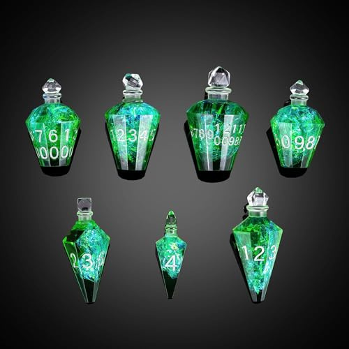 Cusdie 7-Die Sharp Edges DND Dice Set, Potion Shaped D&D Dice, Handcrafted Polyhedral Dice Set, Potion Dice for TTRPG Role Playing Game Pathfinder(Green w/Silver Numbers)