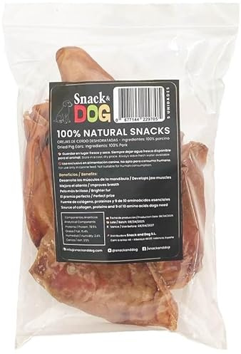 Snack and Dog Orejas de Cerdo Deshidratadas, 100% Natural, Sin Aditivos, Snack para Perros de Todas Las Razas, Rico en Colágeno y Proteínas