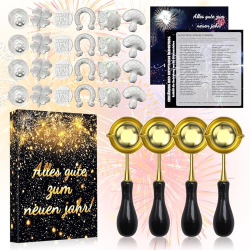 PCCMOT COS 2026 Zinngießen Set Silvester 28er-Set丨24 Zinnfiguren und 4 Löffel,Gesunde Zinngiessen Glücksbringer für Silvester Partyspiele mit Deutungen,Silvestergießen das Wahrsagerei