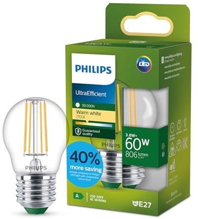 Philips LED UltraEfficient klar P45 ljuskälla, E27 sockel, energiklass A, 806 lm, 60W ekvivalent, varmvit (2700K), EyeComfort, 50 000 timmar, 1 förpackning