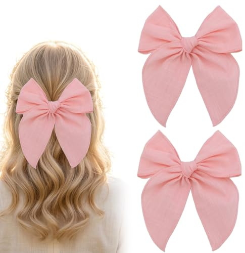 Aribliseza Rosa Hair Bow, 2 Pieces, Cotton-Linen, for Girls and Women, for Ponytail and Summer