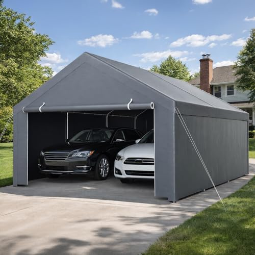 Hebitod garagetält 4 x 6 m i grått, stort mobilt tältgarage med PE-presenning, galvaniserad stålram, markankare och spännlinor, skydd och lagertält för fordon, utrustning och trädgårdsmaterial