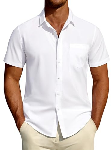 Mens Short Sleeve Dress Shirts Cotton Casual Button Down Shirt with Pocket | Summer, Wedding, Stretch, Wrinkle Free, Soft, Breathable, Lightweight, Untucked, Business Casual, Easy Care, Regular Fit