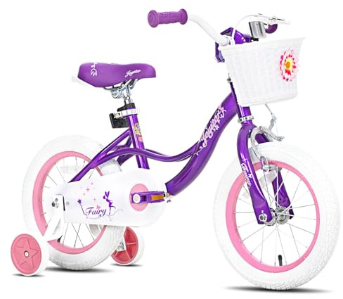 joystar Bicicletta per bambini da 14 pollici, per bambine da 3, 4 e 5 anni, con ruote di supporto e freno a mano, per bambini da 3 a 5 anni, viola