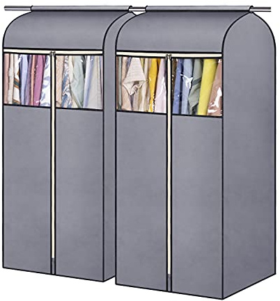 SLEEPING LAMB 54'' Hanging Garment Bags for Closet Storage Sealed Completely Jackets Coats Suits Clothes Rack Cover for Wardrobe with Clear PVC Window, 2 Packs, Grey(Hanging Rod Not Included)