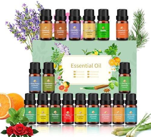 Huiles Essentielles 18 x 10 ml, Pour Diffuseur Arbre à thé Lavande Eucalyptus Encens Citronnelle Romarin Orange Menthe Citron Bergamote Ylang-ylang Camomille Rose Sauge etc.
