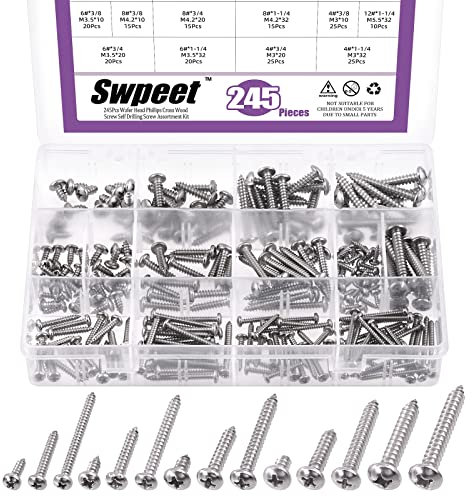 Swpeet Lot de 245 vis autotaraudeuses rapides à tête cylindrique en acier inoxydable 304 pour cloison sèche - Assortiment de vis à bois à tête ronde - Vis à tôle cruciformes