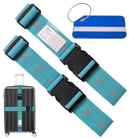 Set di cinghie per bagagli con etichetta, cinghia in due parti per una maggiore sicurezza, in turchese, con etichetta del nome, cinghie per bagagli con etichetta dell'indirizzo per viaggi e voli