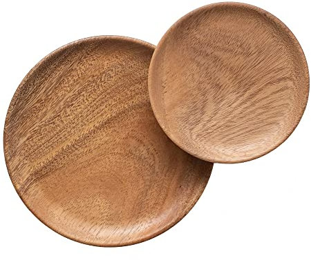muso wood Petites assiettes rondes en bois d'acacia, un plateau en bois de 15 cm et un plateau en bois de 20 cm, assiettes à petits pains, assiettes plates, pour desserts, petits pains, gâteaux, etc.