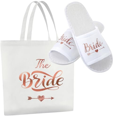 Hestya 2 Stück Braut Geschenkset Rosegold 35 x 40 cm Canvas Tragetasche Spa Hausschuhe Braut Party Geschenke für Hochzeit Verlobung Heiratsantrag Brautparty JGA