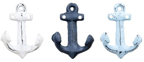 Set di 3 ganci da parete a forma di ancora, colore blu, bianco, in metallo, decorazione marittima, stile shabby chic, stile vintage