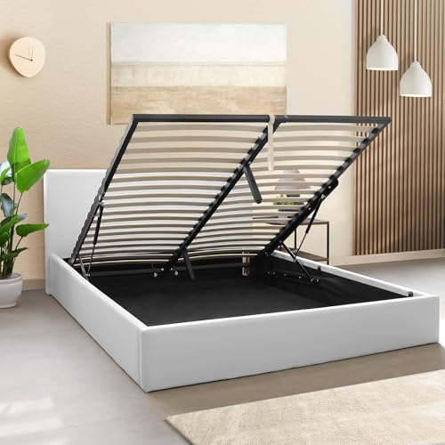 OnNuvo Letto Contenitore Matrimoniale 160x190 cm Imbottito LONDON, Vano Sotto Letto 23 cm, Sollevamento Idraulico, Montaggio Semplice, Con DOGHE ANTIRUMORE in Faggio Naturale, Brand Italiano, Bianco