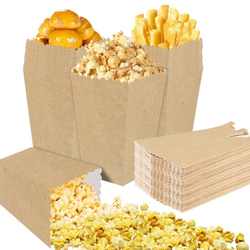 WIYETY 100 sacchetti riutilizzabili popcorn in carta kraft quadrati, piegati sulla testa, marrone, per serate cinema, feste di compleanno, Natale