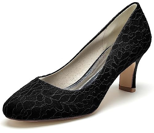GYYZAYH Women Slip-On Lace Mary Jane Round Toe Wedding Pumps Comfort Low Heel Bridal Pumps,Black,4 UK