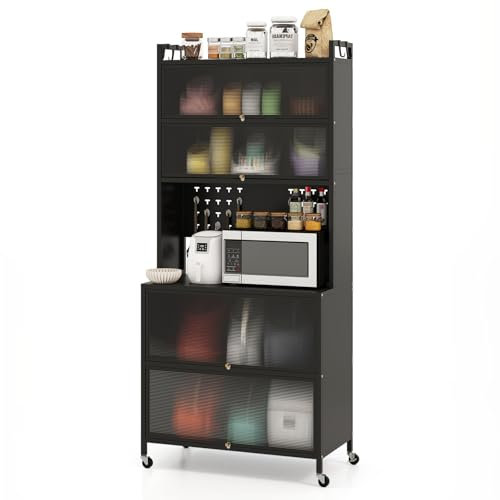 KOMFOTTEU Küchenschrank mit 5/6 Ebenen, Sideboard mit 4 Haken & 10 Dübeln, Buffetschrank mit Arbeitsplatte & Schränken, Küchenbuffet mit 4 Universalrollen (80 x 40 x 178 cm, schwarz)