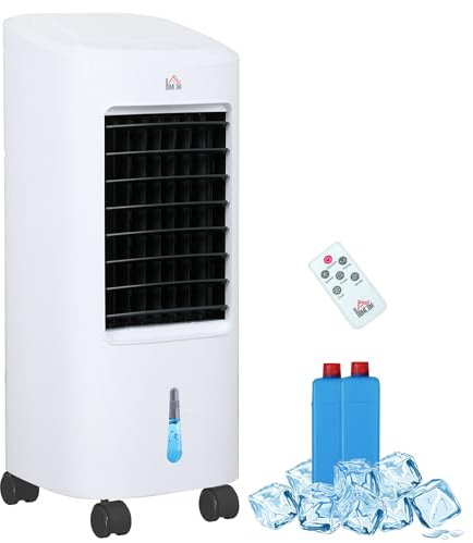 HOMCOM Climatiseur mobile refroidisseur d'air par évaporation portable ventilateur 65 W avec réservoir d'eau 7 L, oscillation, télécommande, minuterie 7,5H, mode veille et roues, refroidit 20m², blanc