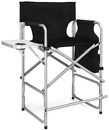 Outopee 26 Tall Directors Chair With Side Table, 300Lbs, Black | Portable Makeup Artist Chair, Bar Height Seat, Folding Design, With Storage Bag, Silver Frame