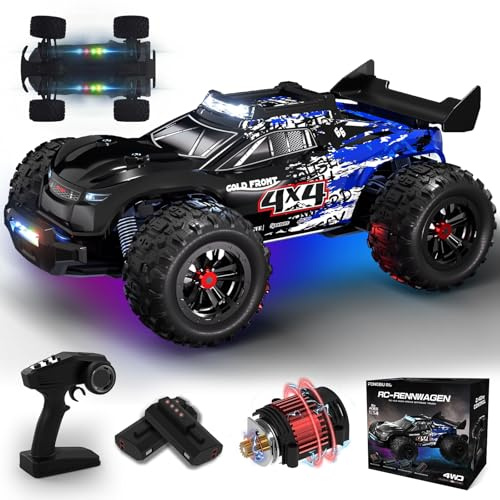 Auto telecomandata 40 KM/H, 1/14 RC auto con 7 luci di colore, 2,4 GHz, controllo remoto con 2 batterie da 2000 mAh, 4 WD, truck mostro radiocomandato RTR All Terrain, camion RC per bambini e adulti