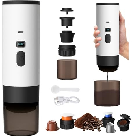 OWJHE 3 In 1 Caffettiera Portatile Macchina Da Caffè Portatile Grande/Piccole Capsule/Caffè In Polvere, 8-10 min Riscaldamento Rapido, Ricaricabile 12 V, Per Casa, Ufficio, Campeggio, Viaggi, Auto
