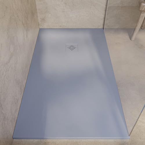 SOULBATH Plato de Ducha - Resina - Gel Coat - Textura Liso/Piedra - Antideslizante - Color Gris - 140x80- Extraplano 3cm. Incluye Válvula de desagüe - REJILLA MISMO COLOR