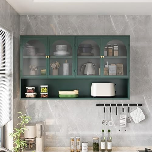PLLBIKK Armarios colgantes de cocina, armario de pared colgante 120 x 23 x 70 cm, armario colgante con 4 puertas de cristal, vitrina colgante para cocina, salón, baño, vidrio templado, verde