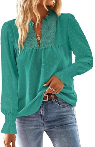 TUUHAW Camicia Donna Manica Lunga Autunno Taglia Forte Top Pizzo Elegante Punto Svizzero Bluse con Scollo a V Boho Casual Oversize Tshirt Maniche a Balze Maglie Business Camicetta Turchese 2XL