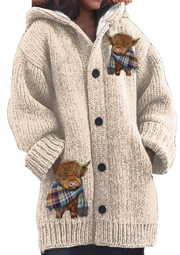 Qiribati Womens Highland Cow Print Knitted Cardigan Casual Highland Cow Sweater Christmas Cow Cardigan for Women