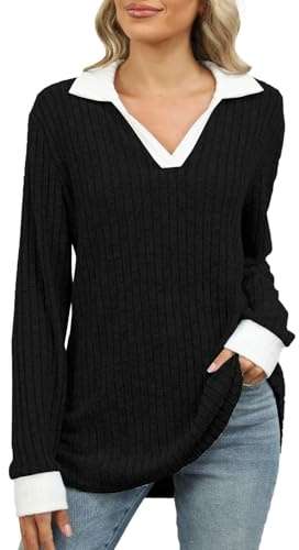 Camicia da donna con colletto a contrasto, design casual a maniche lunghe a costine, maglione a tunica leggero autunnale, comoda da indossare a strati o da solo nelle giornate fredde