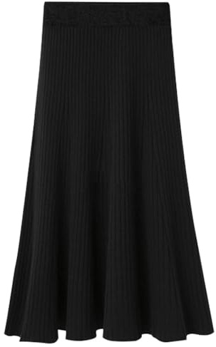 YOUCAI Lång damkjol, hög midja, stickad veckad kjol, A-linje, elastisk midja, stretchig vinterkjol, Svart, S