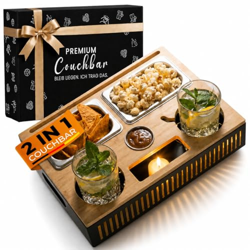 Couchbar Snackbox con efecto luminoso - Bandeja de madera para sofá, dispensador de aperitivos y organizador, 2 en 1 con soporte para bebidas, soporte para vino y teléfono móvil, regalos para hombres