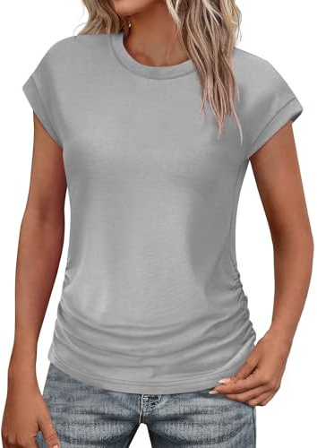 Keepink Womens Summer Tops Short Puff Sleeve Dressy Casual Blouses Plain Casual Tees with Side Shirring Crew Neck Loose Fit Tunic T Shirts Ladies Top Ruched Pullover for Work Office