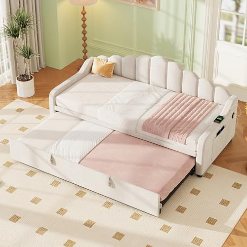 MYBOO 3ft Single Daybed with Pull out Trundle Bed&Charging Station&Storage, Functional Upholstered Bed Frame with Wooden Slats, Velvet Sofa Beds Guest Beds for Living Room&Bedroom, No Mattress, Beige
