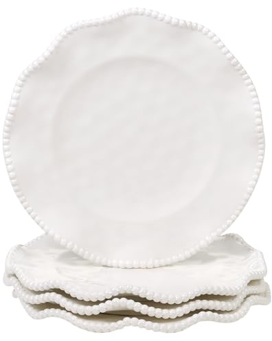 Perlette Cream Beaded Salad Plates - Set of 4, 9 Chic Melamine Dinnerware, Unbreakable & Elegant for Indoor/Outdoor Dining, Appetizers, Desserts & Stylish Table Settings. Perfect for gift-giving.