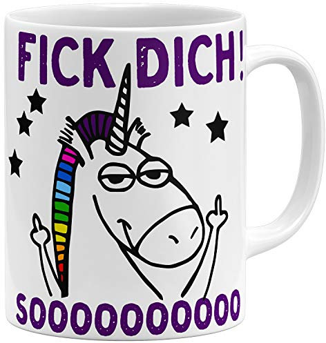 OM3® Fick Dich So Viel - Tasse Guten Morgen Einhorn - Keramik Becher - 11oz 325ml - Beidseitig Bedruckt - Weiss