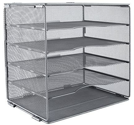 EasyPAG Desktop 5 Tier A4 Mesh in Tray Office Desk Tidy File Holder Magazine Organiser Paper Storage Rack,Silver