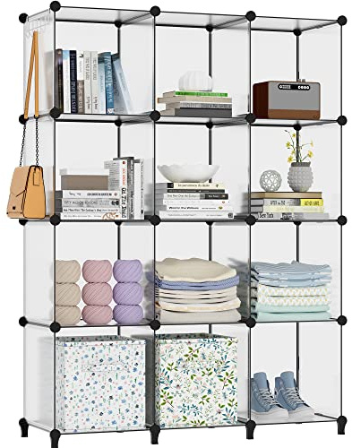 Bookcase, 12 Cube Storage Unit Book shelf, Storage Cubes, Transparent | Multi-Use DIY Storage Shelves for Books, Storage Boxes, Clothes, Crochet Yarn, Toys