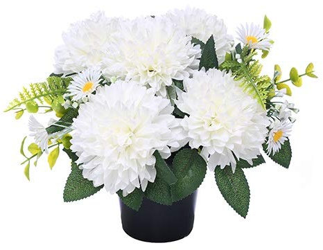 Maceta artificial de 25 cm, color marfil y blanco crisantemo/mamá y margarita, para tumba, diseño de jarrón