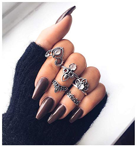 TseenYi - Juego de anillos vintage de plata apilables, anillos de dedo de gema, estilo retro, piedra de luna, anillos para mitad del dedo para mujeres y niñas