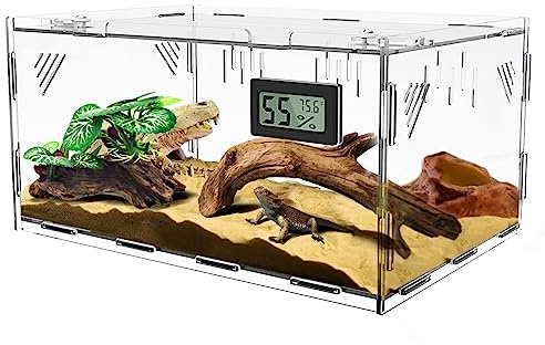 Reptile Terrariums, with Temperature Hygrometer, 11.8x7.9x5.9 Acrylic Reptile Breeding Box Terrarium Cage Tank for Small Reptile Insect Home Office