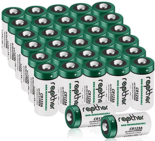 Rapthor 32-pack 1650 mAh CR123A 3 V litiumbatteri CR123/123A/CR17345 för Arlo-kamera ficklampa hög kapacitet med PTC-skyddad [Ej laddningsbar]
