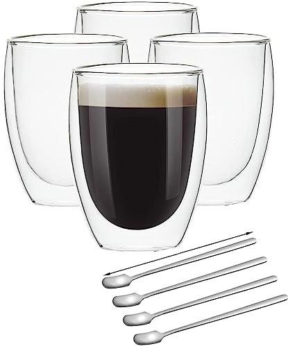 Vkzylife Latte Macchiato Gläser Doppelwandige Gläser aus Borosilikatglas Set aus Borosilikatglas，Cappuccino Kaffeetassen 350 ml + Löffel (4 pcs)