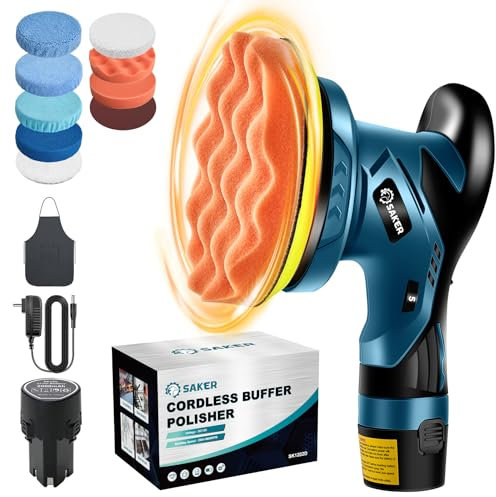 Saker 12V Kabellos Akku Auto Poliermaschine,15 cm tragbares Polierwachsmaschinen-Kit,6 variable Geschwindigkeiten zum Polieren und Wachsen von Auto-Fußbodenmöbeln, mit 1 Batterie, 10 Zubehör
