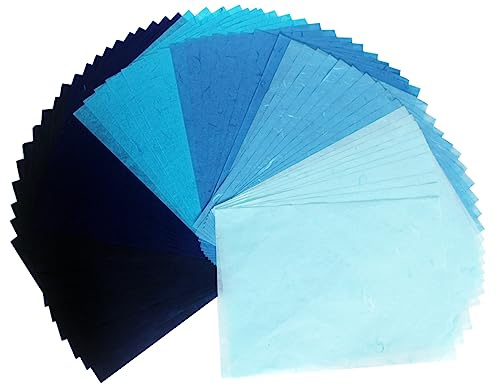 50 fogli di carta di gelso in tinta unita, design origami, fatti a mano, carta Washi giapponese, per decoupage (blu)